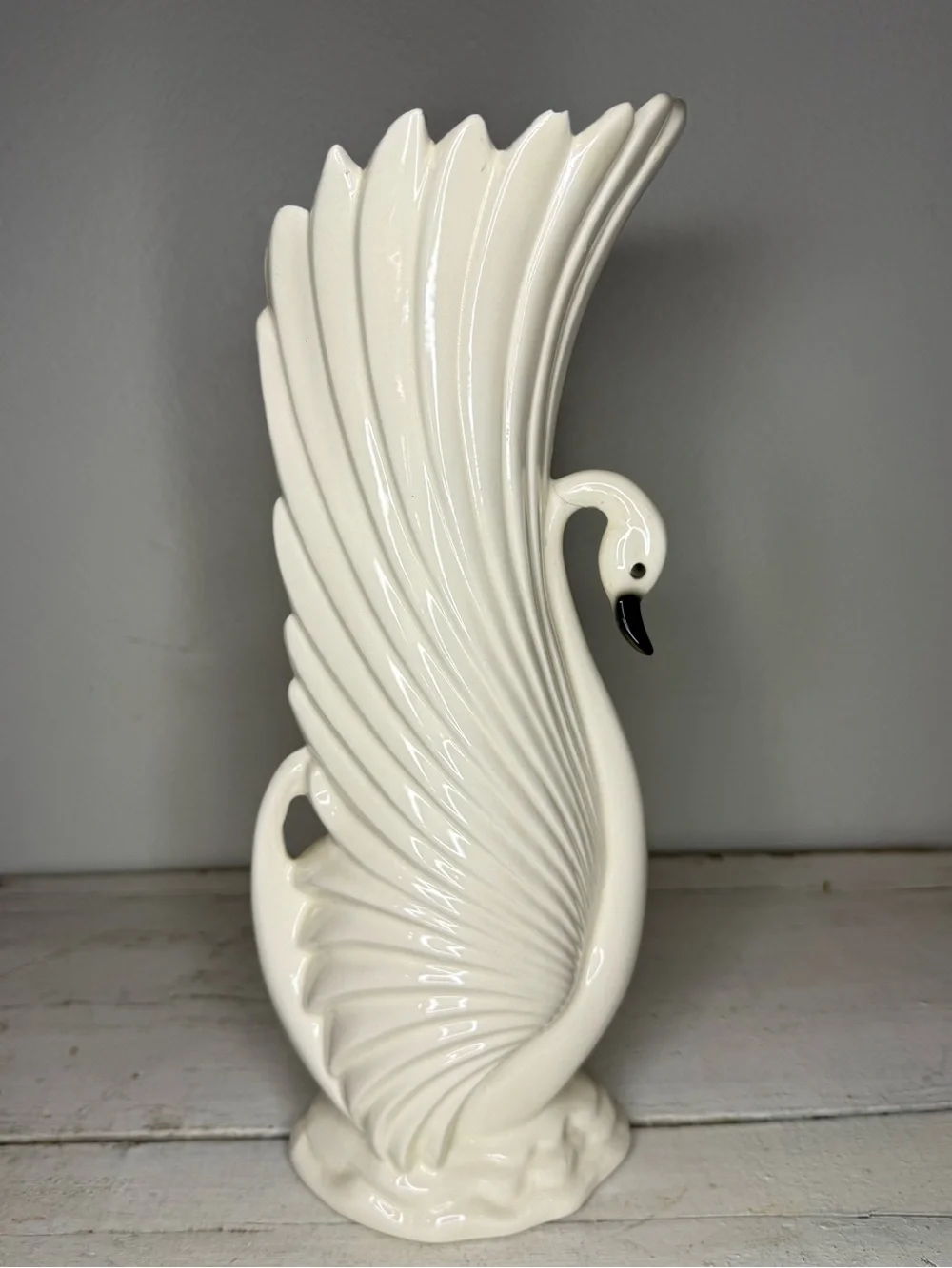 VTG Maddux California White (off) Swan w/Black Eyes & Black Beak Vase 12” tall